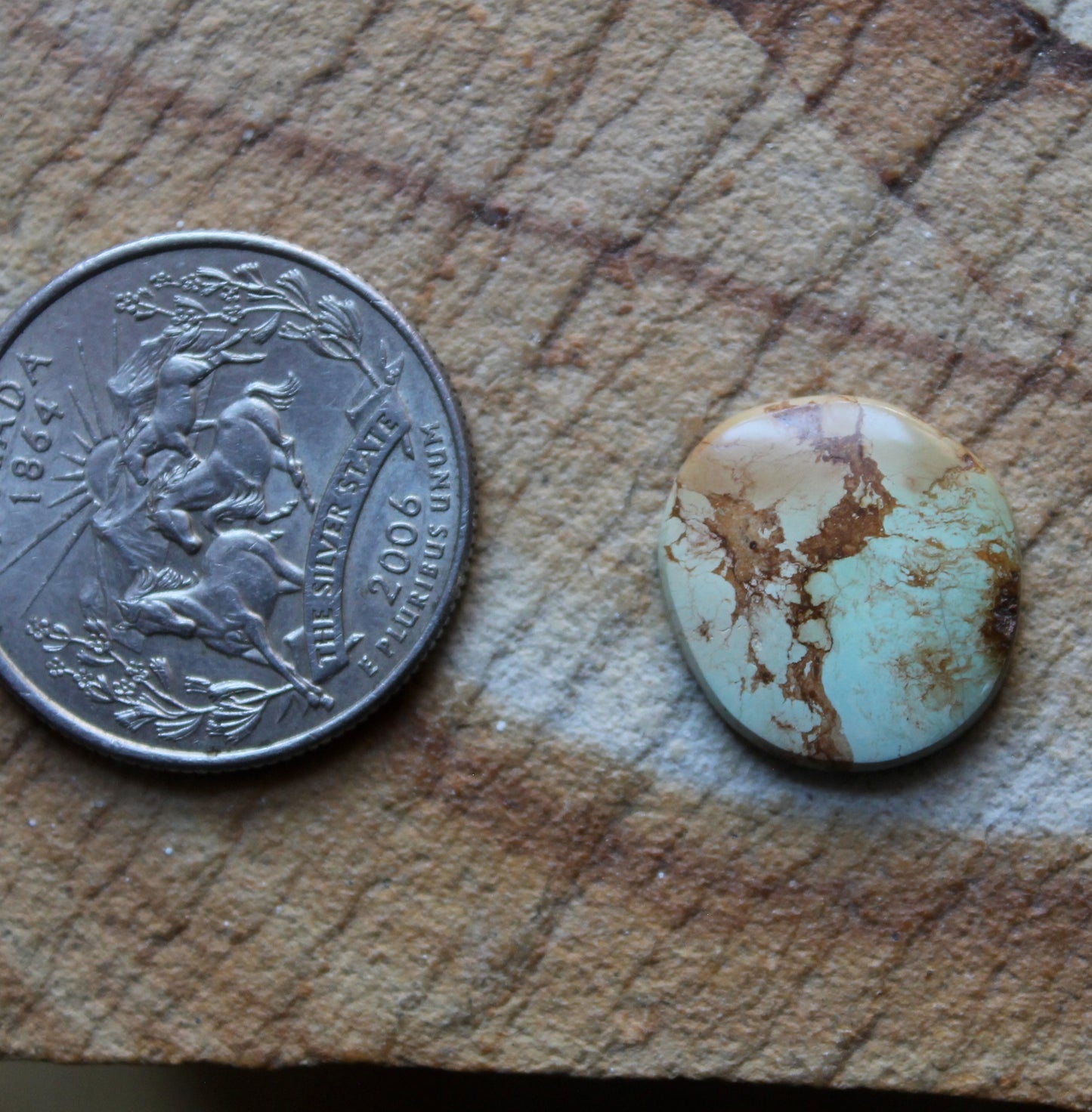 5 carat Stone Mountain Turquoise cabochon with red inclusions