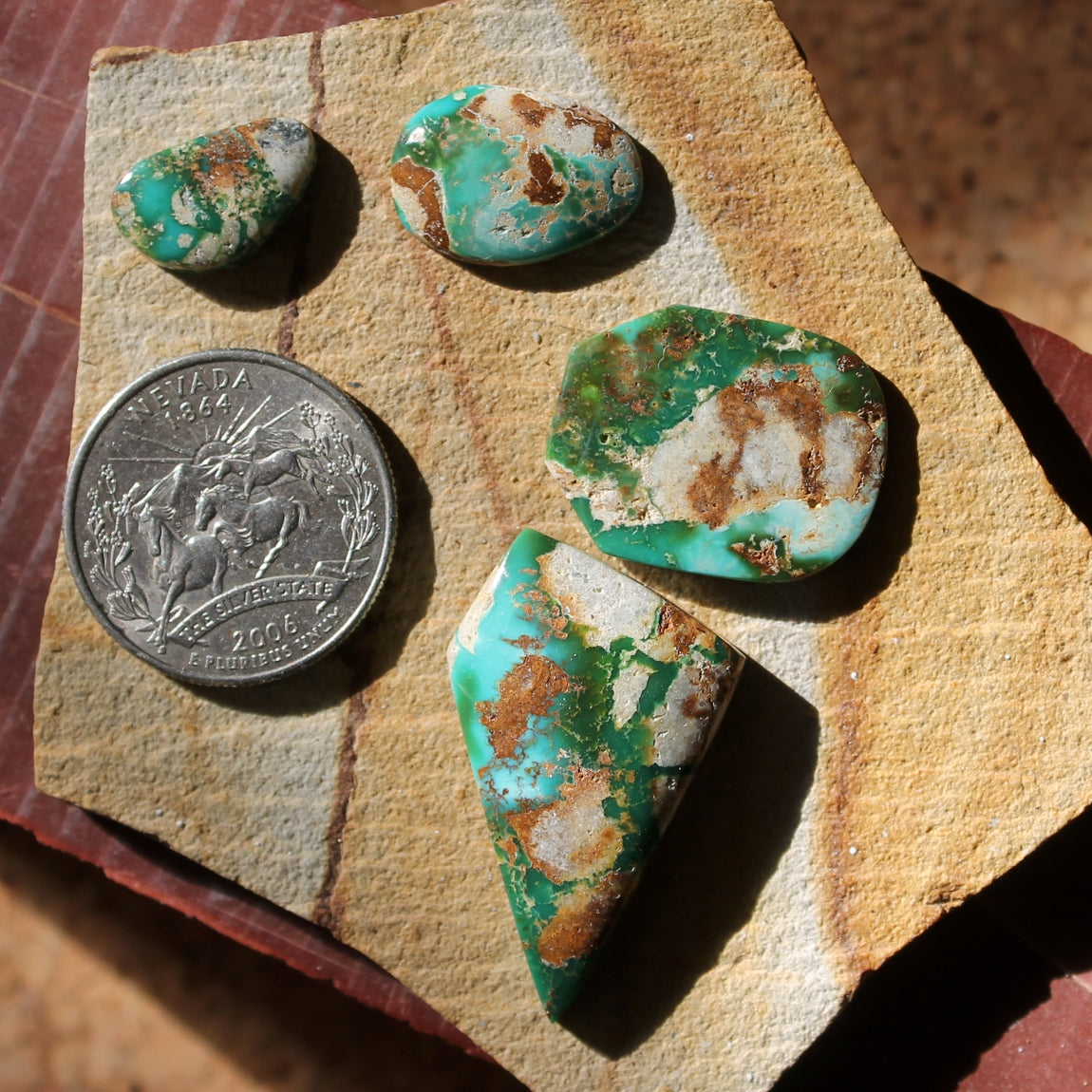 Boulder-cut natural Stone Mountain Turquoise cabochon suite