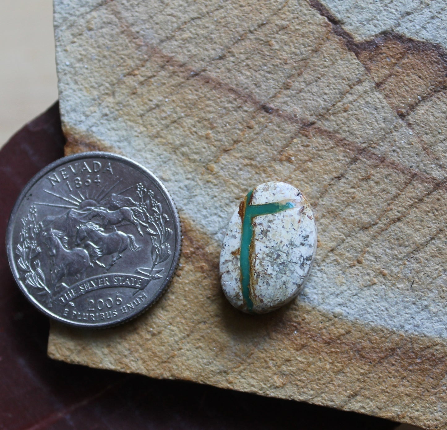 8 carat boulder-cut Stone Mountain Turquoise cabochon with green veins