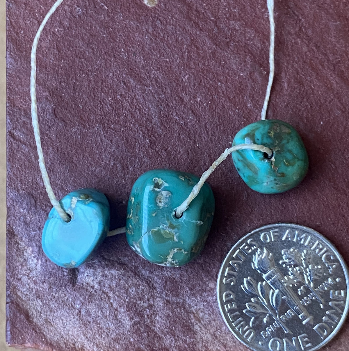Three natural green turquoise beads from Stone Mountain Mine