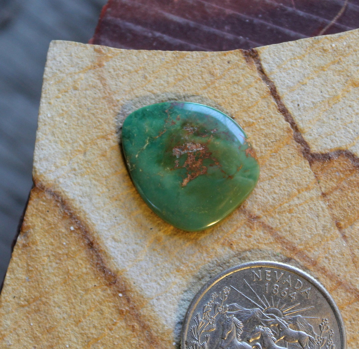 9 green Stone Mountain Turquoise cabochon with red matrix