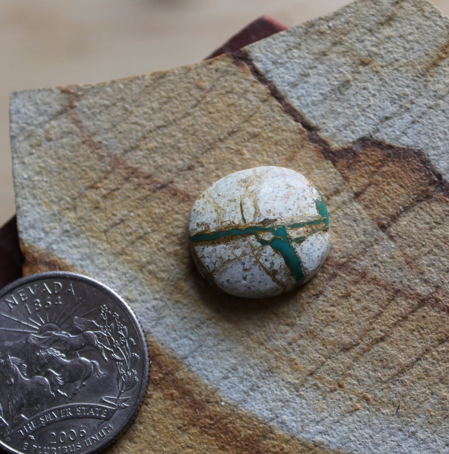 11 carat boulder-cut Stone Mountain Turquoise cabochon with green veins