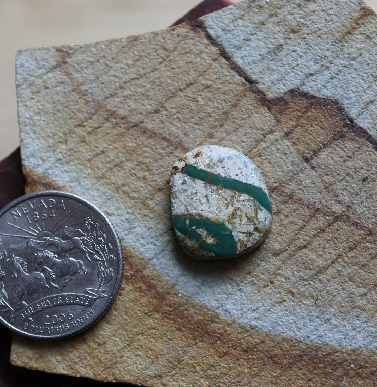 10 carat boulder-cut Stone Mountain Turquoise cabochon with green veins