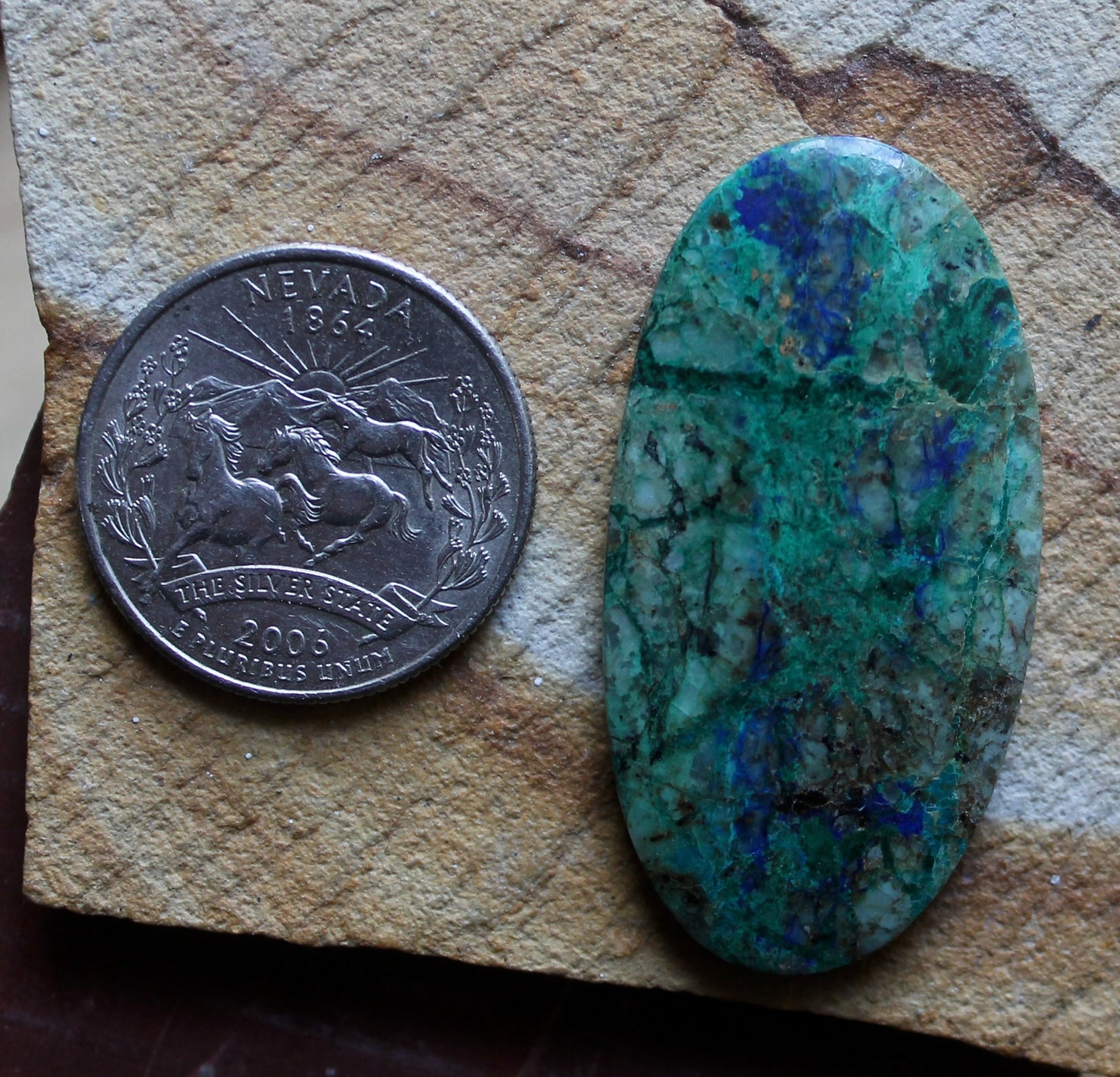 43 carat malachite, chrysocolla and azurite cabochon from near Yerington NV